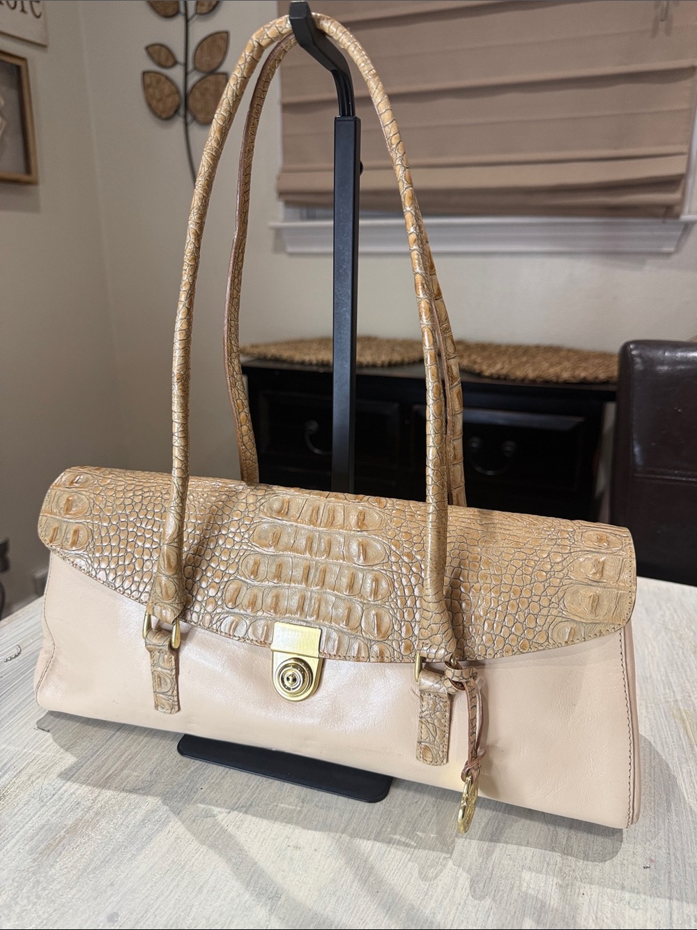 Vintage Brahmin Dayan Beige Croc-Embossed Flap Satchel